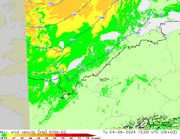 Max. wind snelheid ICON-D2 di 04.06.2024 12 UTC