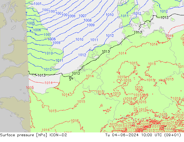 pressão do solo ICON-D2 Ter 04.06.2024 10 UTC