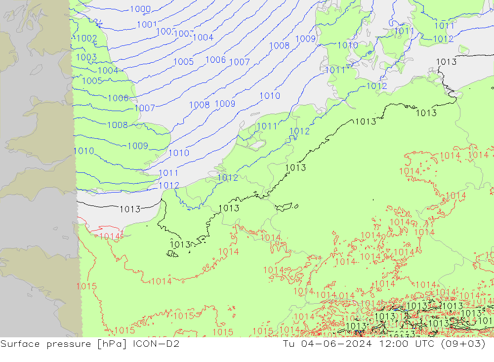 Atmosférický tlak ICON-D2 Út 04.06.2024 12 UTC