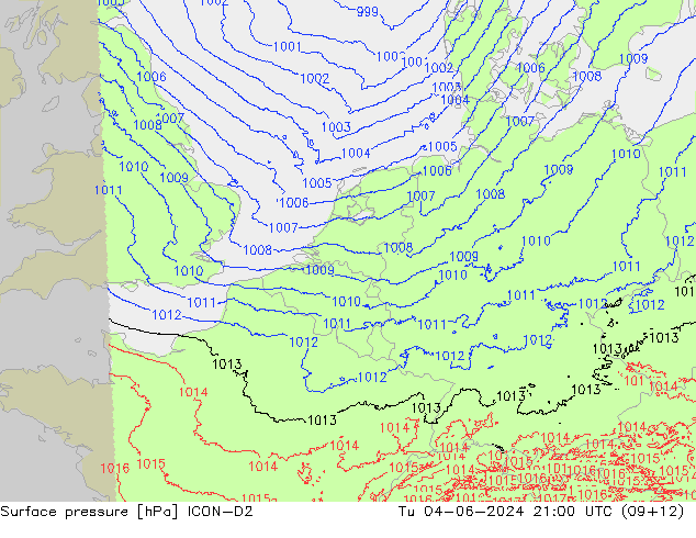 Surface pressure ICON-D2 Tu 04.06.2024 21 UTC