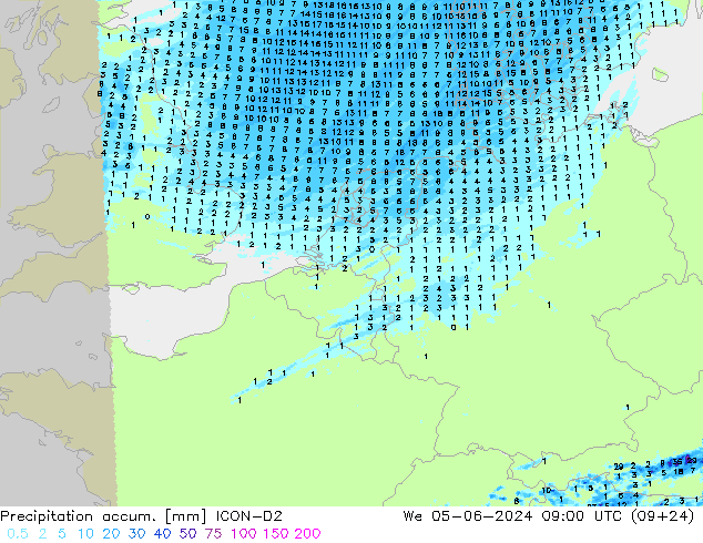 Precipitation accum. ICON-D2 星期三 05.06.2024 09 UTC