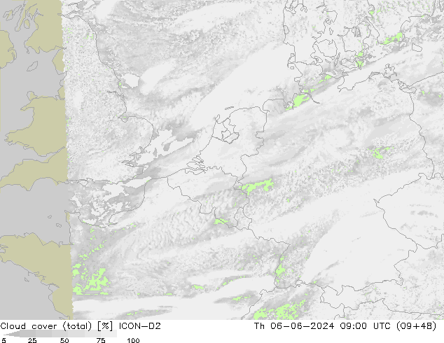 zachmurzenie (suma) ICON-D2 czw. 06.06.2024 09 UTC