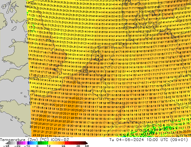 Temperaturkarte (2m) ICON-D2 Di 04.06.2024 10 UTC