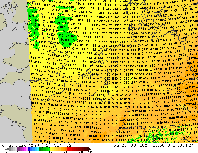 Temperatura (2m) ICON-D2 Qua 05.06.2024 09 UTC