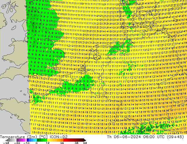 Temperature (2m) ICON-D2 Th 06.06.2024 06 UTC