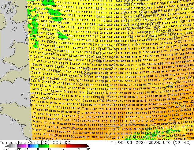 Temperature (2m) ICON-D2 Th 06.06.2024 09 UTC