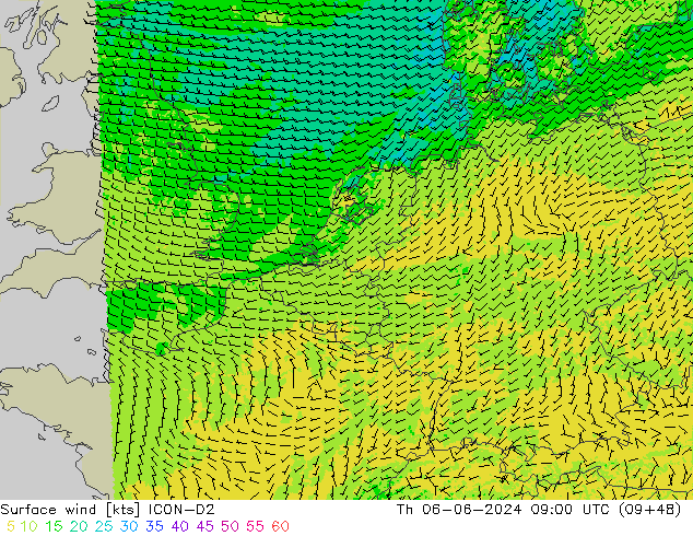 wiatr 10 m ICON-D2 czw. 06.06.2024 09 UTC
