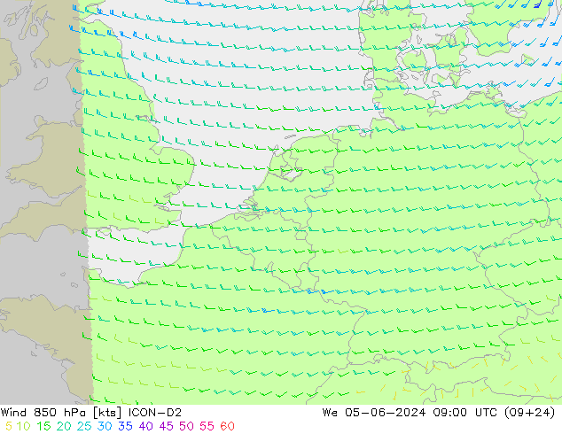 风 850 hPa ICON-D2 星期三 05.06.2024 09 UTC