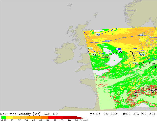 Max. wind velocity ICON-D2 mié 05.06.2024 15 UTC