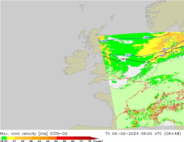 Max. wind snelheid ICON-D2 do 06.06.2024 09 UTC