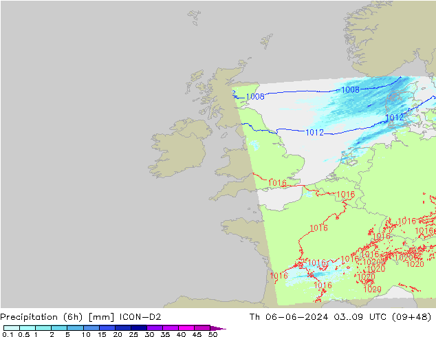 Precipitation (6h) ICON-D2 Čt 06.06.2024 09 UTC