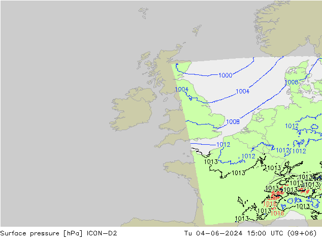 Pressione al suolo ICON-D2 mar 04.06.2024 15 UTC