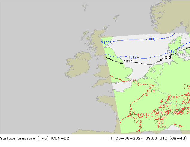 Surface pressure ICON-D2 Th 06.06.2024 09 UTC