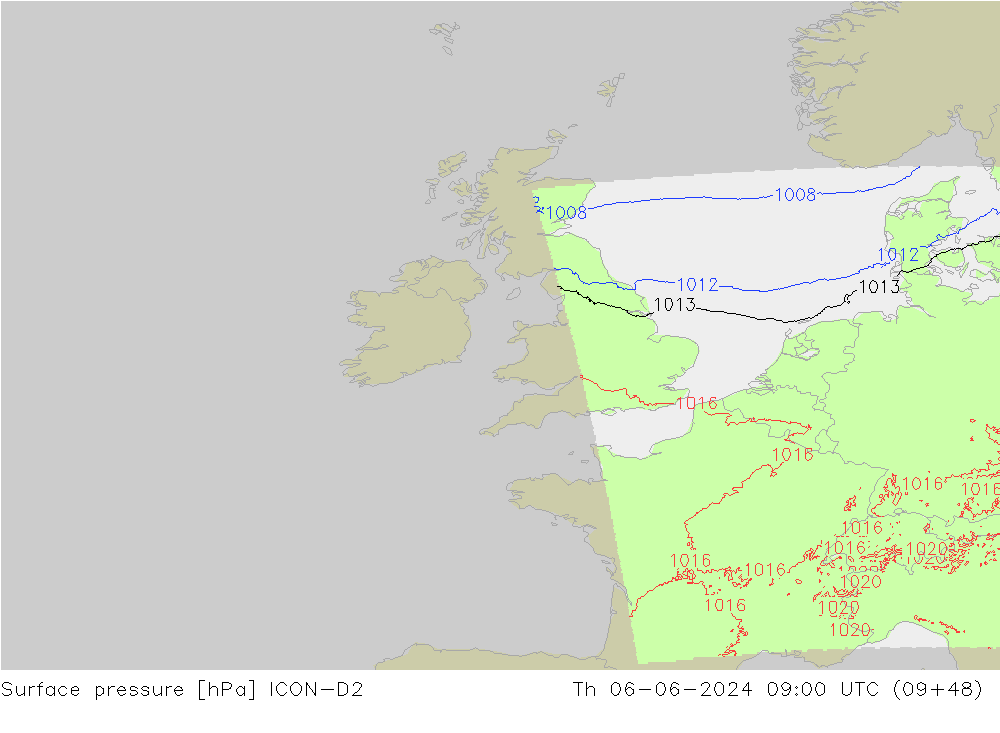 Surface pressure ICON-D2 Th 06.06.2024 09 UTC