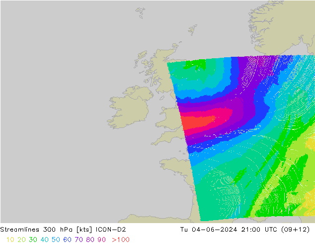 Ligne de courant 300 hPa ICON-D2 mar 04.06.2024 21 UTC