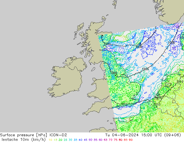 Eşrüzgar Hızları (km/sa) ICON-D2 Sa 04.06.2024 15 UTC