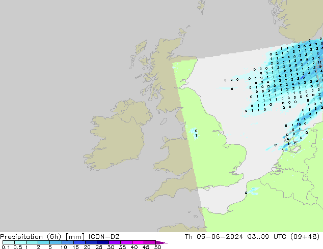 Totale neerslag (6h) ICON-D2 do 06.06.2024 09 UTC