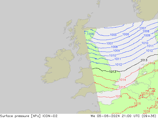 Surface pressure ICON-D2 We 05.06.2024 21 UTC