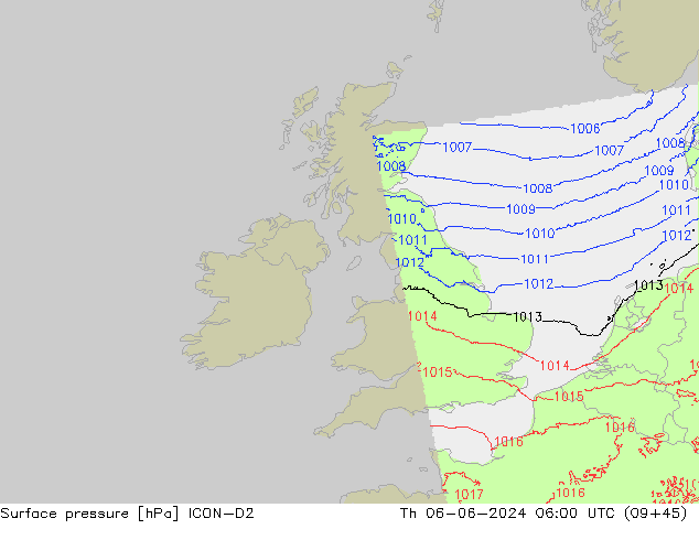 приземное давление ICON-D2 чт 06.06.2024 06 UTC