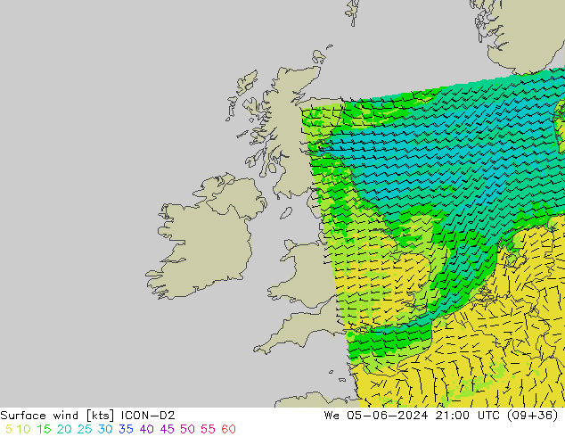 Wind 10 m ICON-D2 wo 05.06.2024 21 UTC