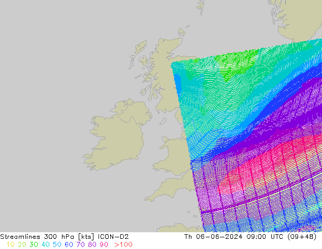 Línea de corriente 300 hPa ICON-D2 jue 06.06.2024 09 UTC