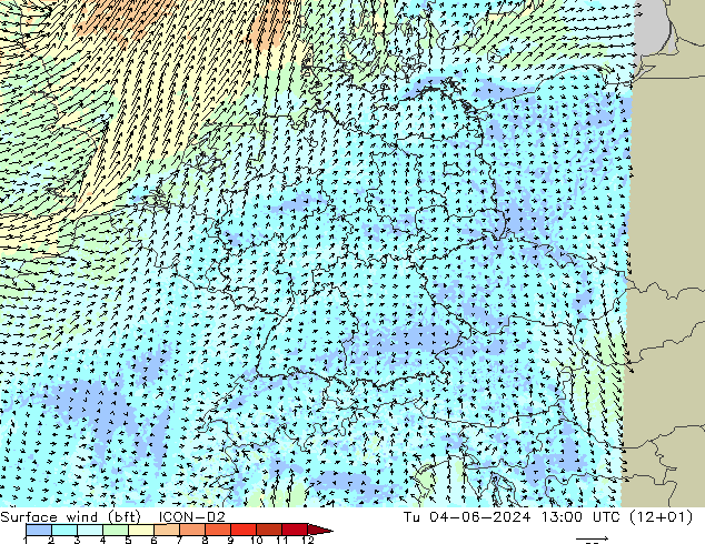 Vento 10 m (bft) ICON-D2 Ter 04.06.2024 13 UTC