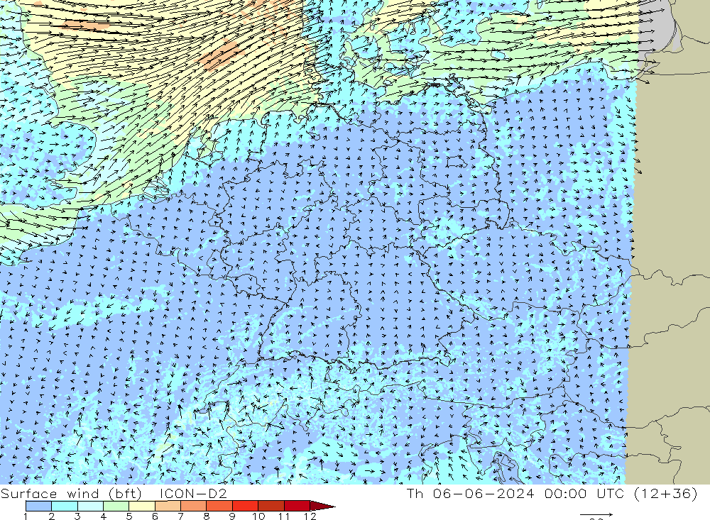 Vento 10 m (bft) ICON-D2 gio 06.06.2024 00 UTC