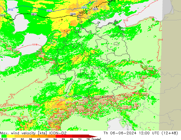 Max. wind velocity ICON-D2 чт 06.06.2024 12 UTC