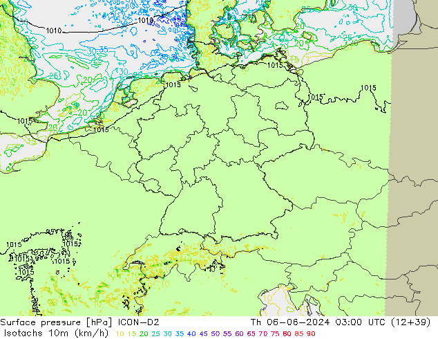 Isotachs (kph) ICON-D2 jeu 06.06.2024 03 UTC