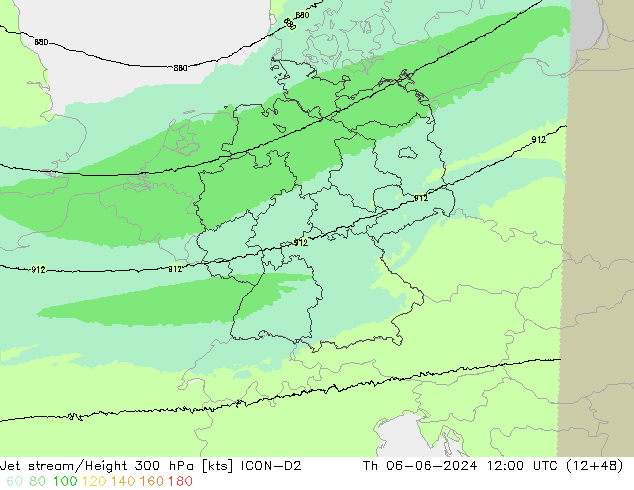 Jet stream/Height 300 hPa ICON-D2 Čt 06.06.2024 12 UTC