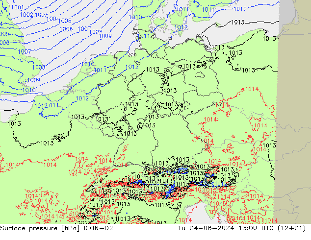 Pressione al suolo ICON-D2 mar 04.06.2024 13 UTC