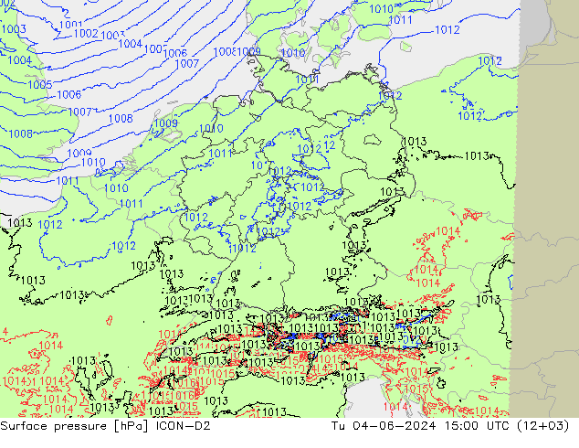 Presión superficial ICON-D2 mar 04.06.2024 15 UTC