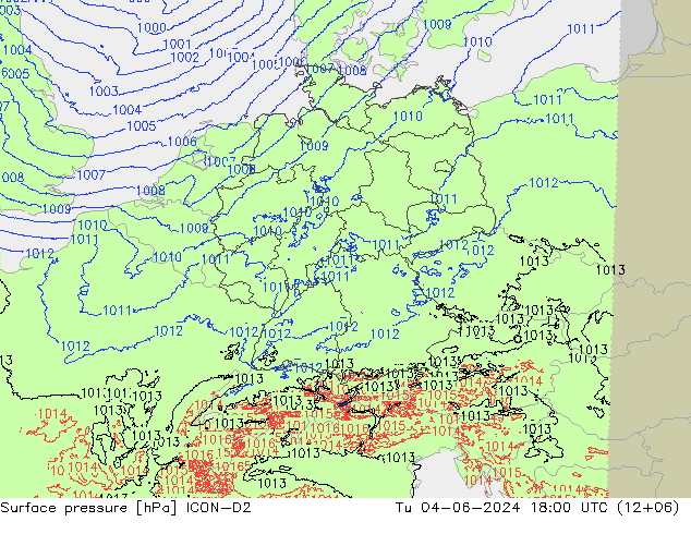 Presión superficial ICON-D2 mar 04.06.2024 18 UTC