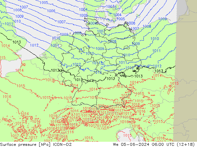 Pressione al suolo ICON-D2 mer 05.06.2024 06 UTC