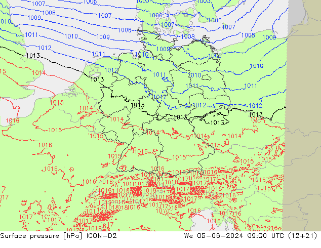 Pressione al suolo ICON-D2 mer 05.06.2024 09 UTC