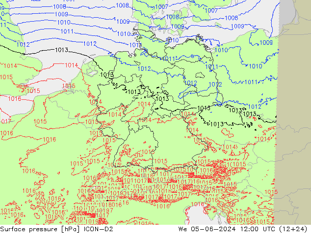 Presión superficial ICON-D2 mié 05.06.2024 12 UTC