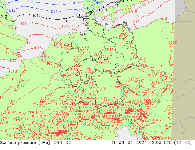 Surface pressure ICON-D2 Th 06.06.2024 12 UTC