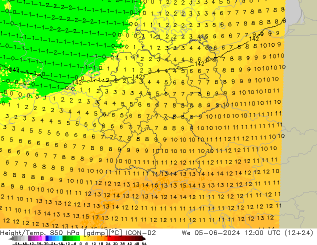 Height/Temp. 850 hPa ICON-D2 We 05.06.2024 12 UTC