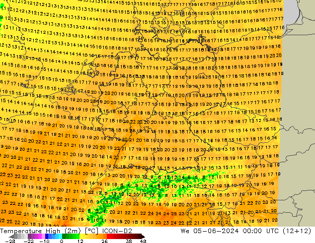 Temperature High (2m) ICON-D2 We 05.06.2024 00 UTC