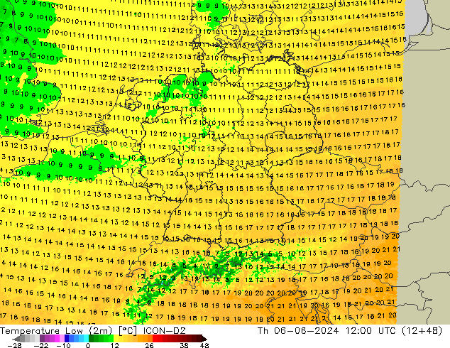 Min.temperatuur (2m) ICON-D2 do 06.06.2024 12 UTC