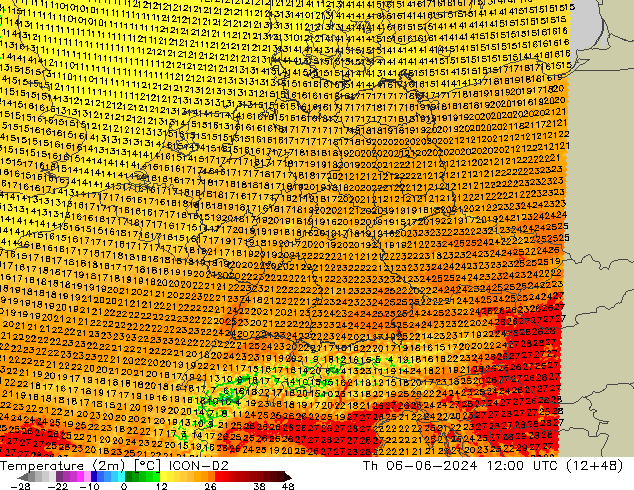 Temperatura (2m) ICON-D2 Qui 06.06.2024 12 UTC