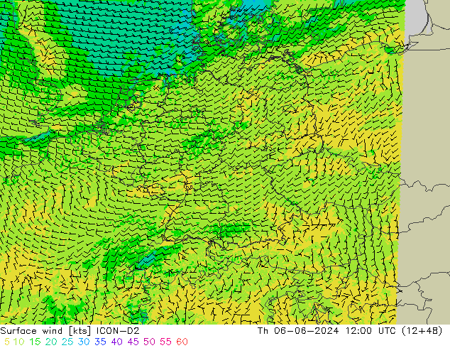 Vento 10 m ICON-D2 Qui 06.06.2024 12 UTC