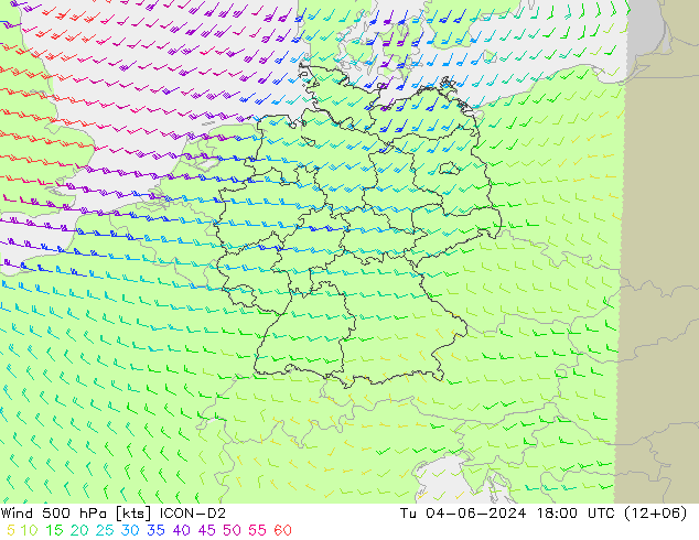 ветер 500 гПа ICON-D2 вт 04.06.2024 18 UTC