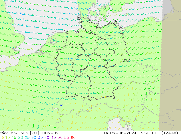 Wind 850 hPa ICON-D2 Th 06.06.2024 12 UTC