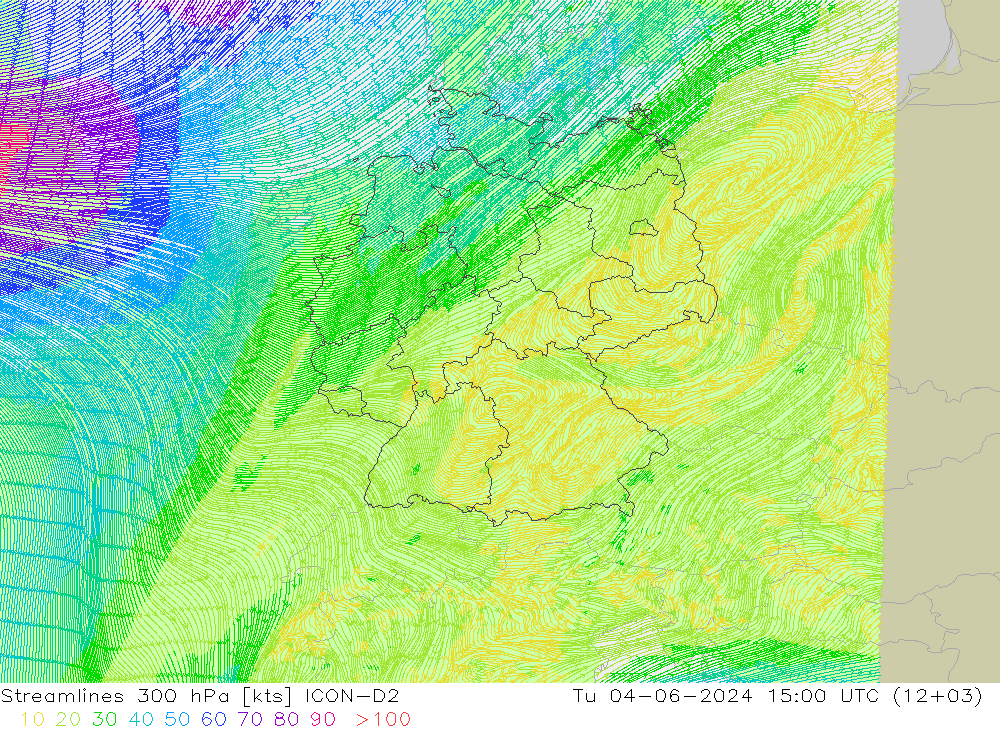 风 300 hPa ICON-D2 星期二 04.06.2024 15 UTC