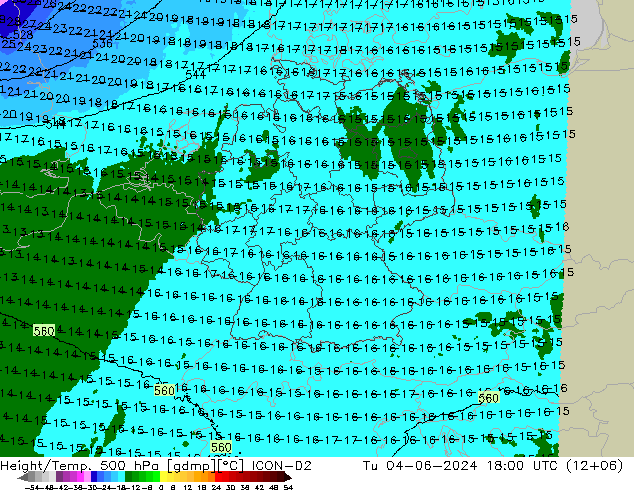 Height/Temp. 500 hPa ICON-D2 wto. 04.06.2024 18 UTC