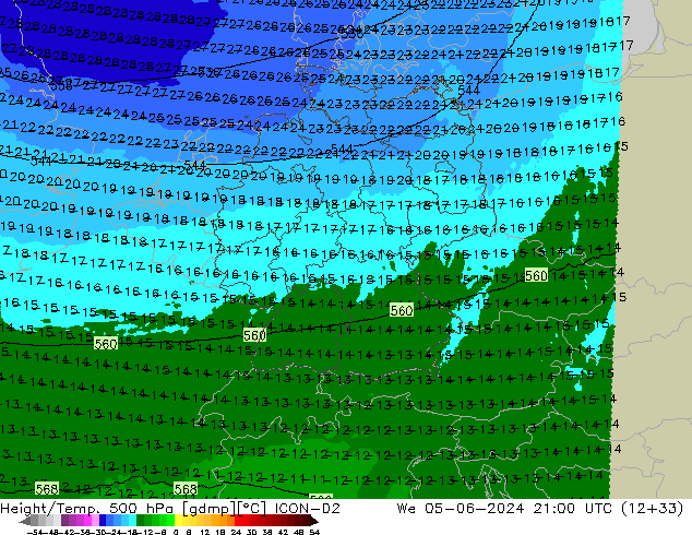 Height/Temp. 500 hPa ICON-D2 Qua 05.06.2024 21 UTC