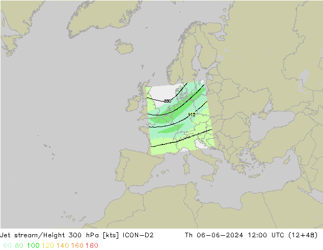 Jet stream/Height 300 hPa ICON-D2 Th 06.06.2024 12 UTC