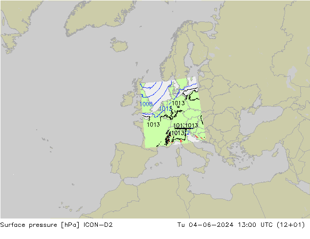 地面气压 ICON-D2 星期二 04.06.2024 13 UTC