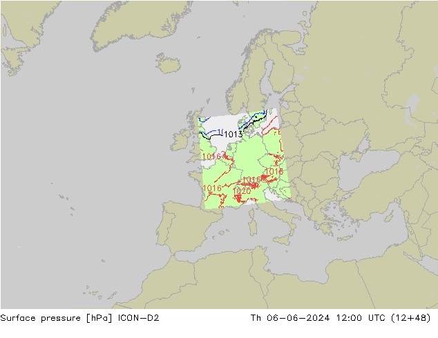 Presión superficial ICON-D2 jue 06.06.2024 12 UTC